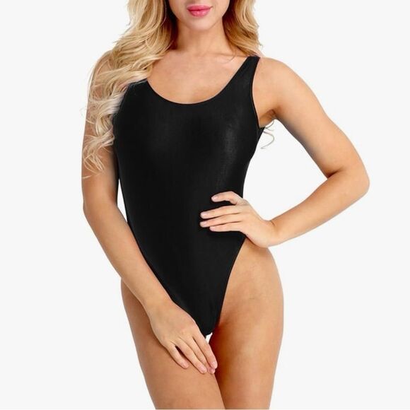 Rare Yvette Mandell Black High Cut Low Back Scoop Neck Bodysuit Size Small - Picture 2 of 7